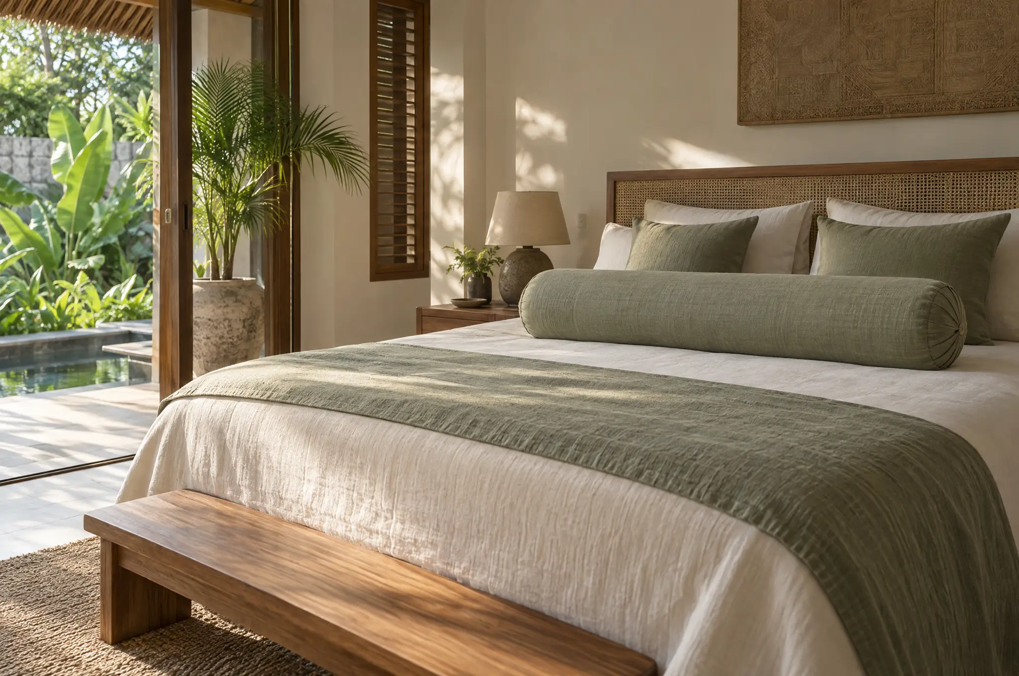 A quiet bedroom at first light, with a guling resting across the bed